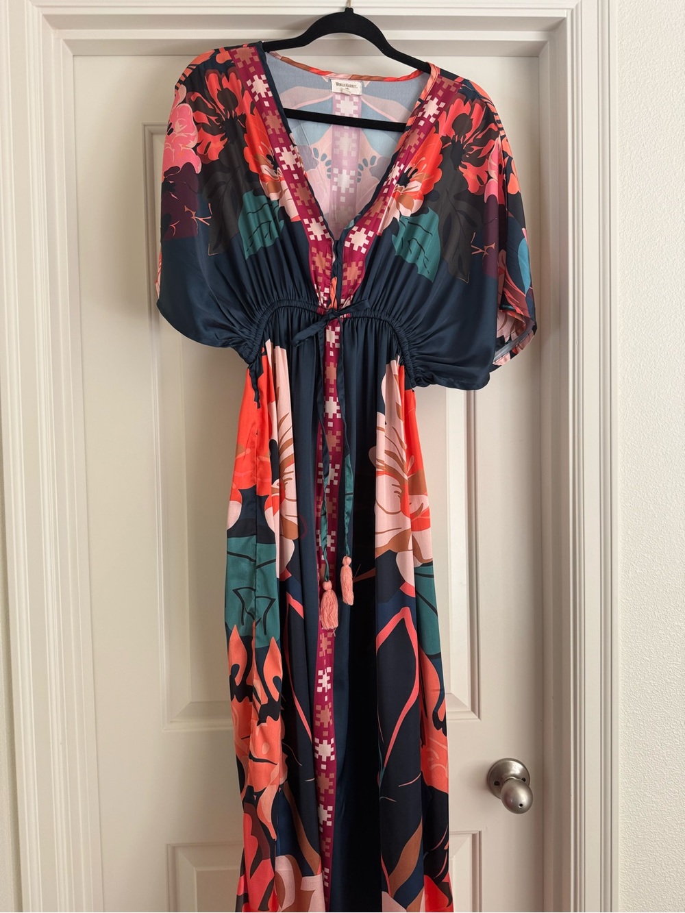World Market Satin Floral V-Neck Maxi Dress in Navy and Coral